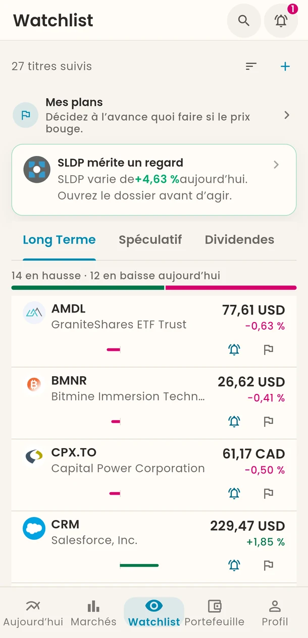 Watchlist : les titres suivis avec cours, variation et boutons d’alerte, et l’accès à Mes plans.