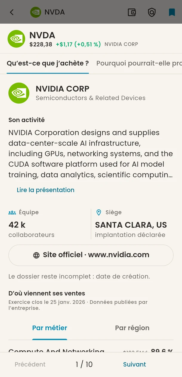 Analyse guidée de NVIDIA, chapitre « Qu’est-ce que j’achète ? » avec l’activité et le siège de l’entreprise.