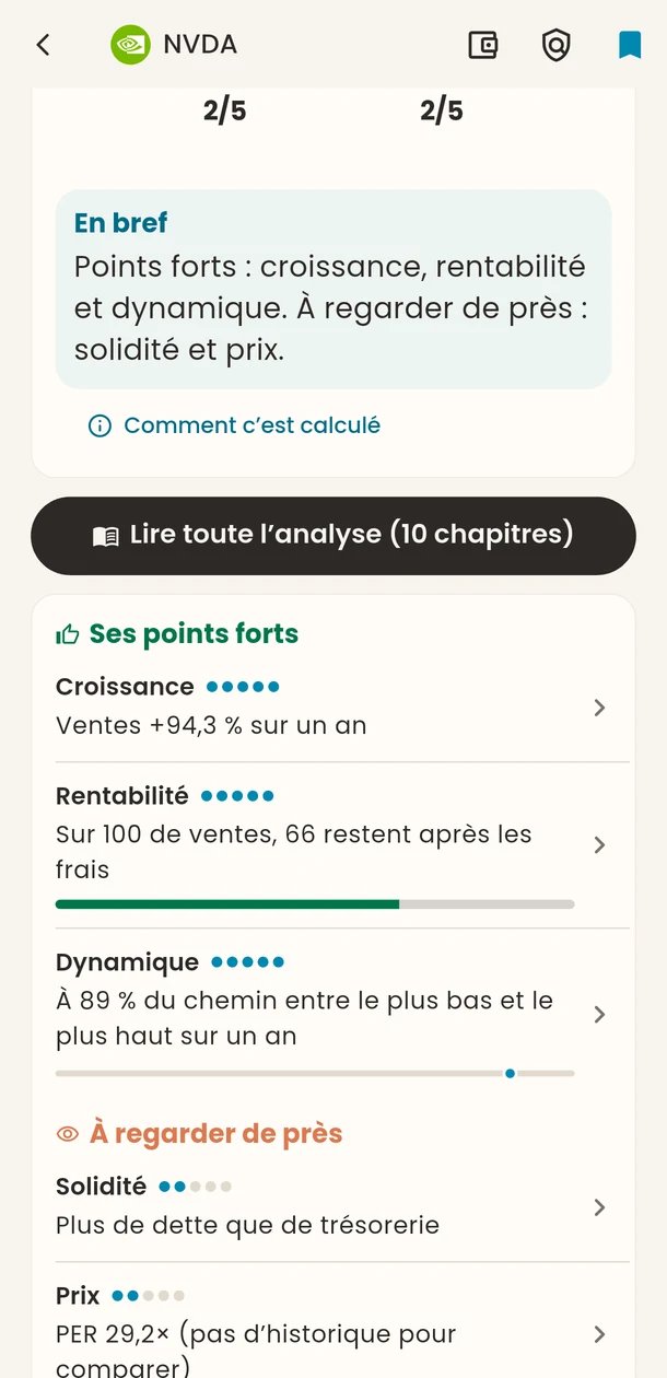 Ses points forts et ce qui est à regarder de près : croissance, rentabilité, dynamique, solidité, prix, chacun avec une phrase.